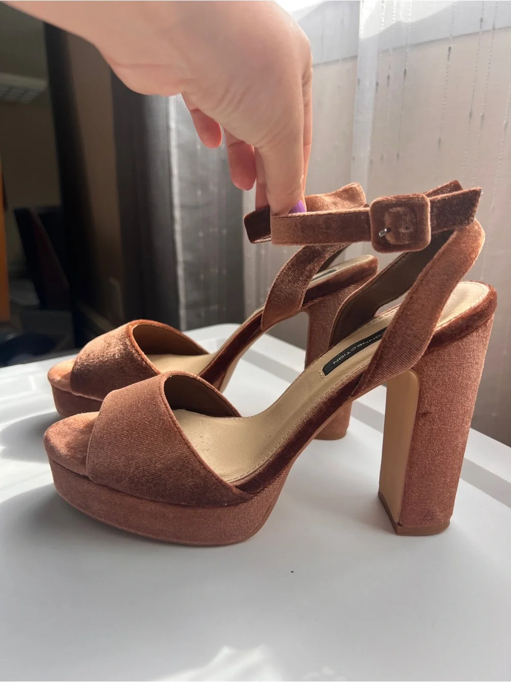 French Connection Taryn Copper Brown Velvet Platform Ankle-Strap Heels